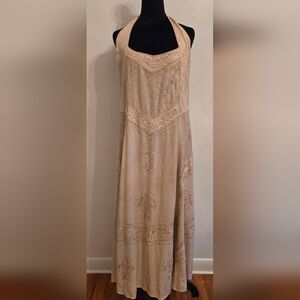 Holy Clothing Womens Beige Embroidered Halter Maxi Dress 2X RenFaire Boho Hippie